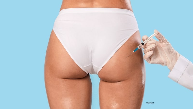 Model underwear, hands or lifting butt in bum surgery, cellulite
